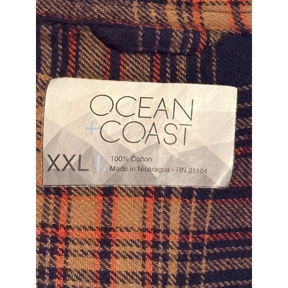 Ocean + Coast Mens XXL Plaid Flannel Button Down Shirt Navy Orange 100% Cotton - Picture 3 of 4